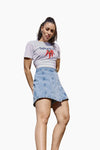 MID BLUE DENIM PANELED SKORT