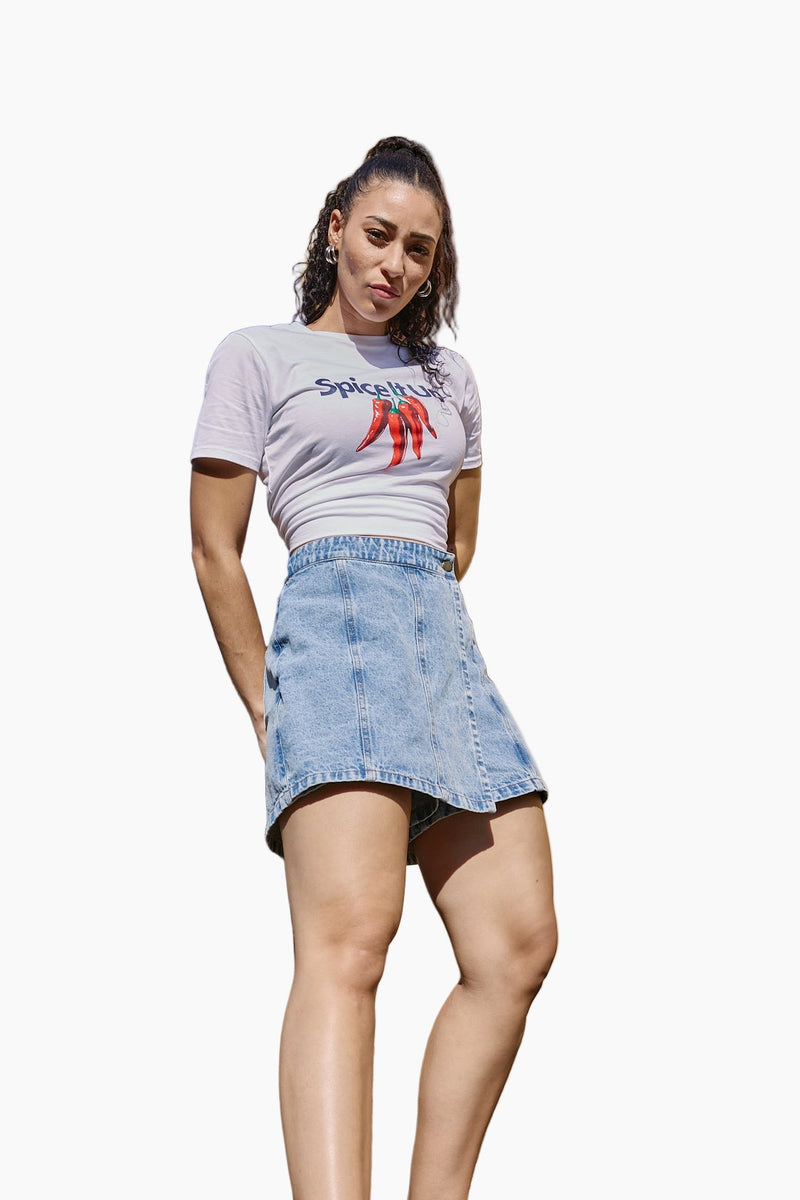 MID BLUE DENIM PANELED SKORT