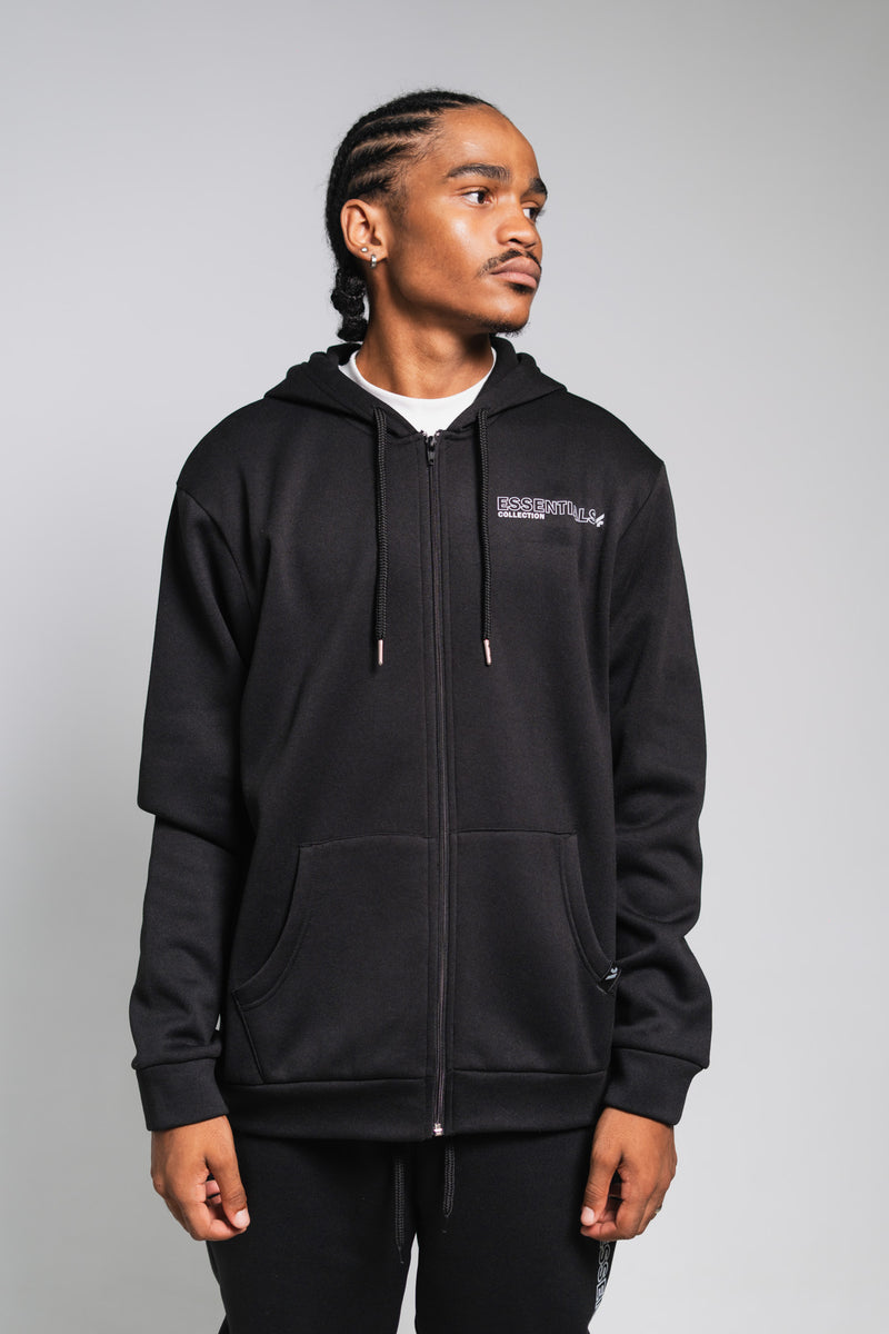 BLACK ESSENTIAL ZIP-THRU HOODY