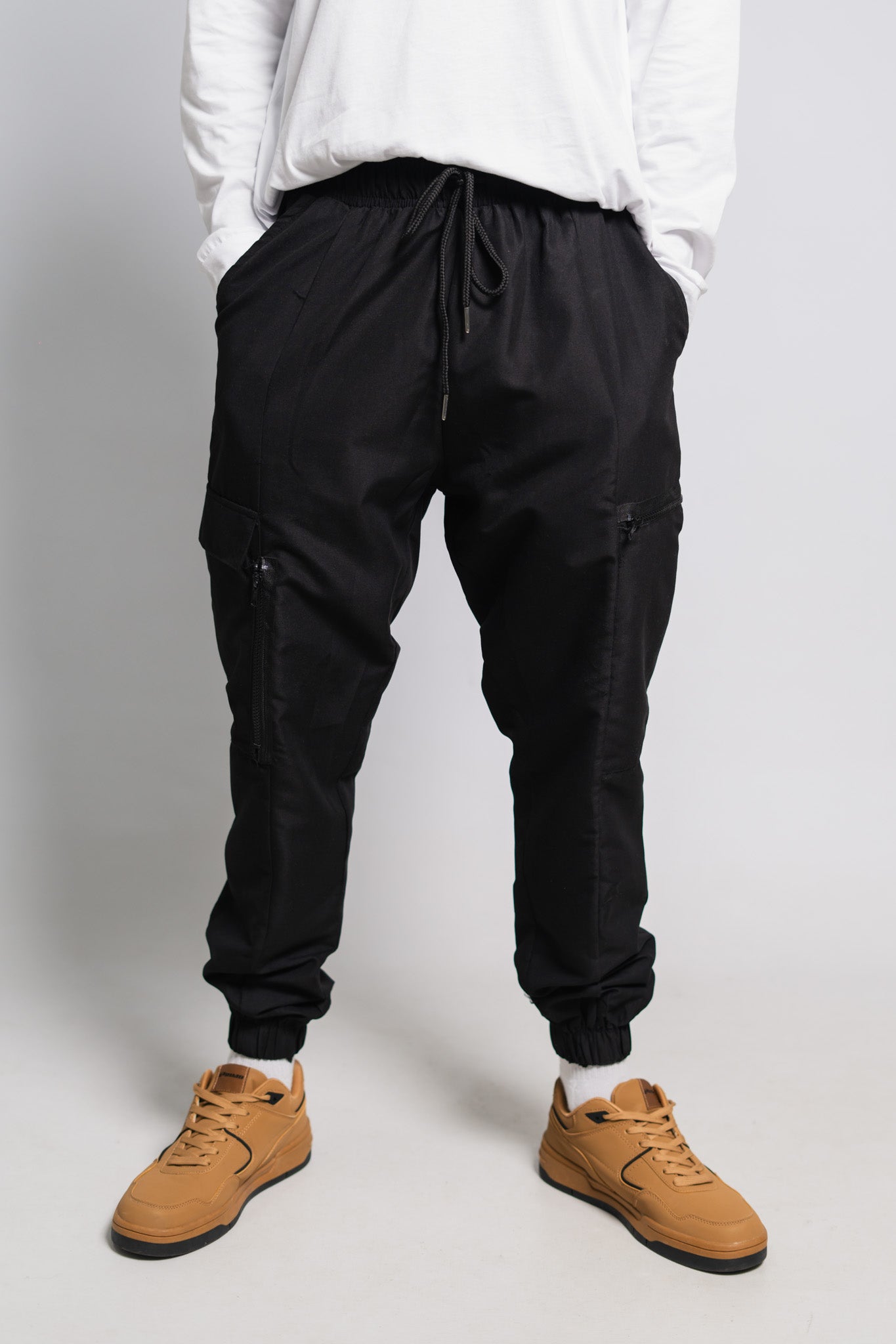 BLACK MICROFIBRE CARGO JOGGER WITH ZIPS