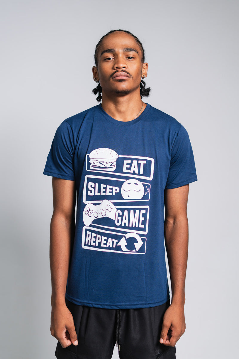 NAVY EAT SLEEP GAME REPEAT SLOGAN TEE