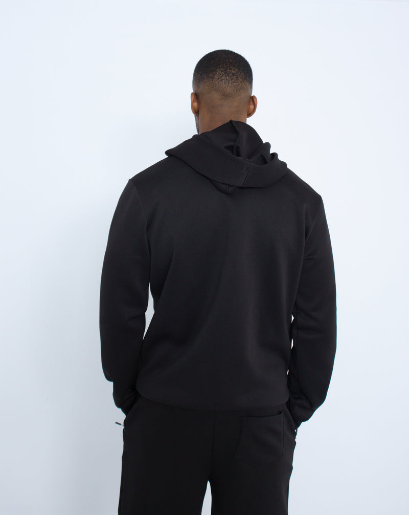 Black Scuba Hoody Pullover With Zip Detail