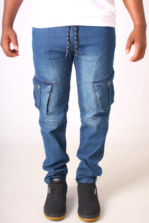 BLUE ELASTIC CARGO POCKET STRAIGHT LEG JEAN