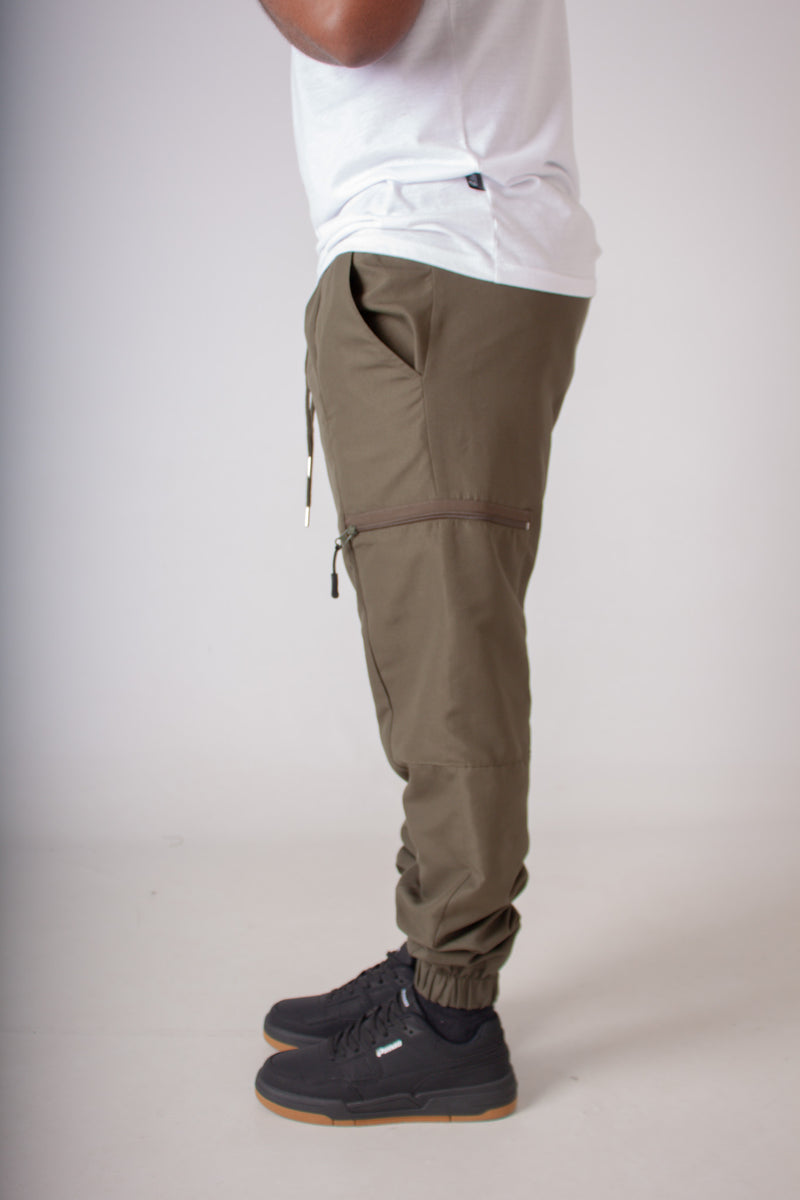 OLIVE MICROFIBRE CARGO JOGGER WITH ZIPS