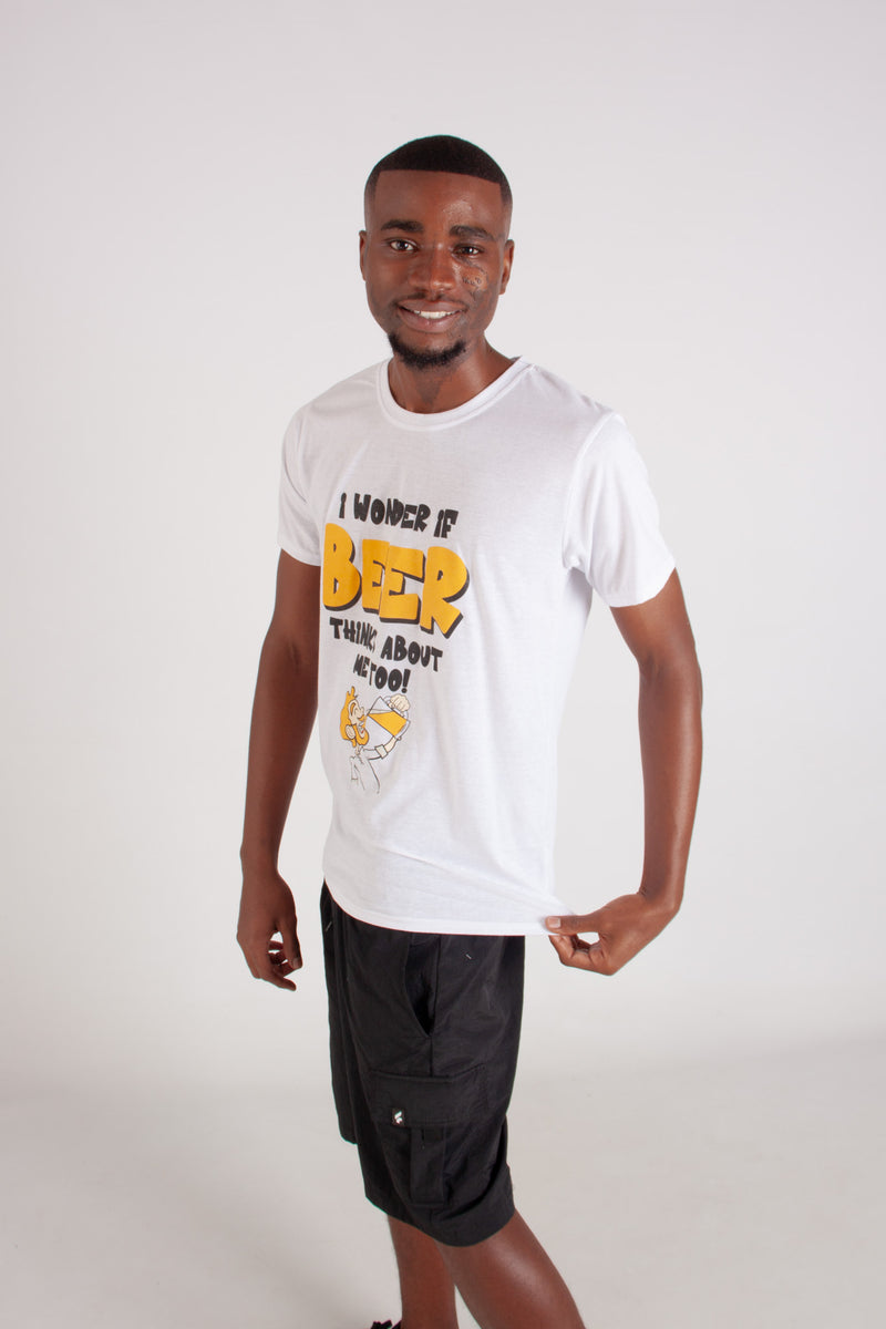 WHITE I WONDER IF BEER THINKS ABOUT ME TEE
