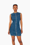MID BLUE ZIP THROUGH DENIM MINI DRESS
