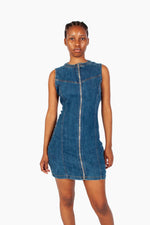 MID BLUE ZIP THROUGH DENIM MINI DRESS