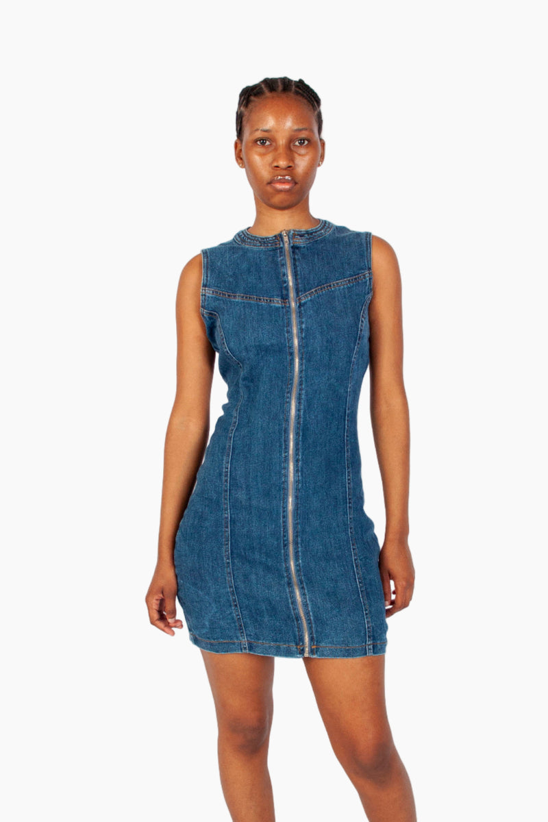 MID BLUE ZIP THROUGH DENIM MINI DRESS