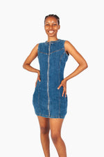 MID BLUE ZIP THROUGH DENIM MINI DRESS